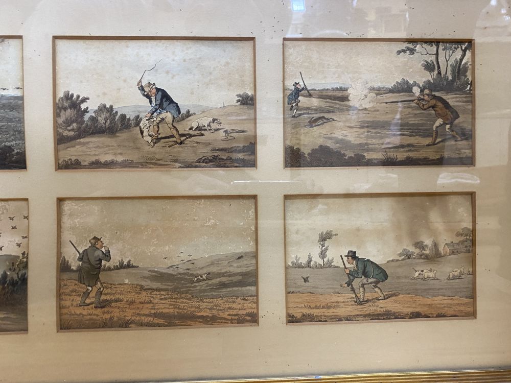 After Robert Frankland, a set of eight coloured engravings, Shooting, each 12 x 18cm, framed as one